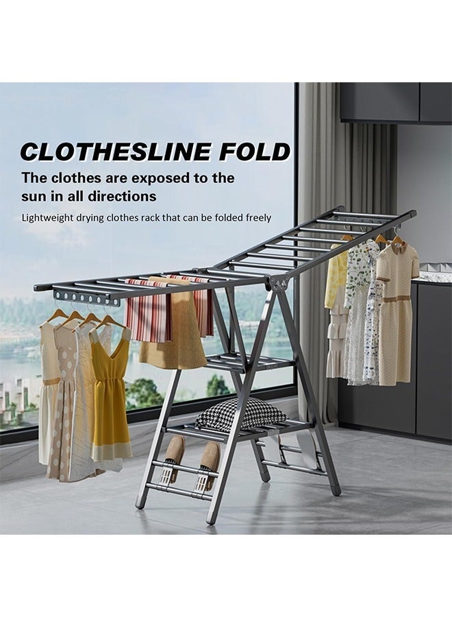 POWER Movable Drying Rack, 3 Tier Large Laundry Clothes Drying, Clothes Drying Rack Foldable with 4 Castors & Shoe Holder, Height-Adjustable Wings, for Indoor Outdoor - 170cm - Image 2